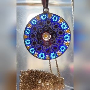 Gently used Murano glass‎ mosaic pendent on gold tone chain